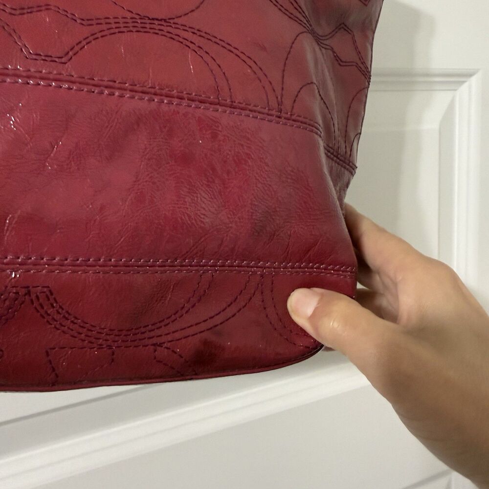 Coach Berry Pink Patent Leather Stitched C Signature Stripe Shoulder Bag. - Picture 13 of 16